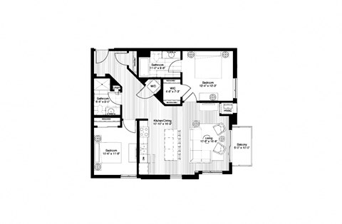 Floor plan for 2 beds, 2 baths, 1072 sqft
